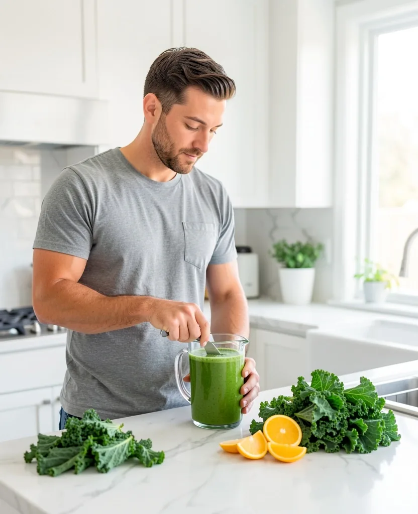 Man preparing a nutritious morning drink in a modern kitchen