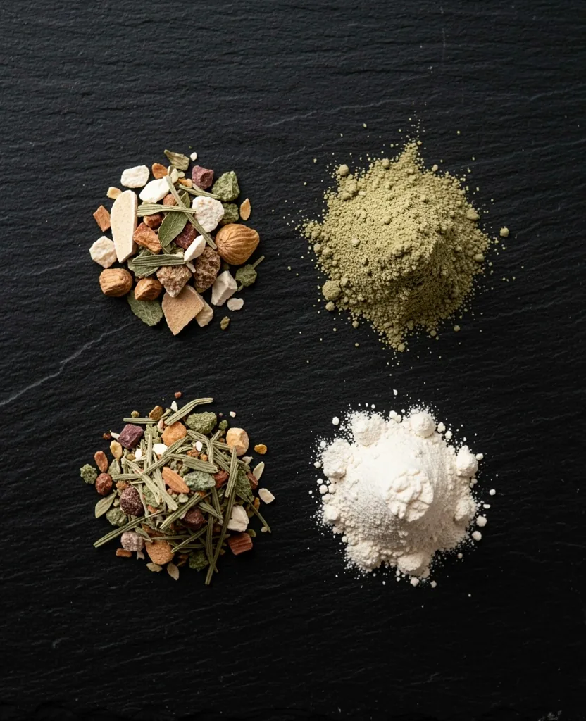 Natural botanical extracts and mineral powders on stone