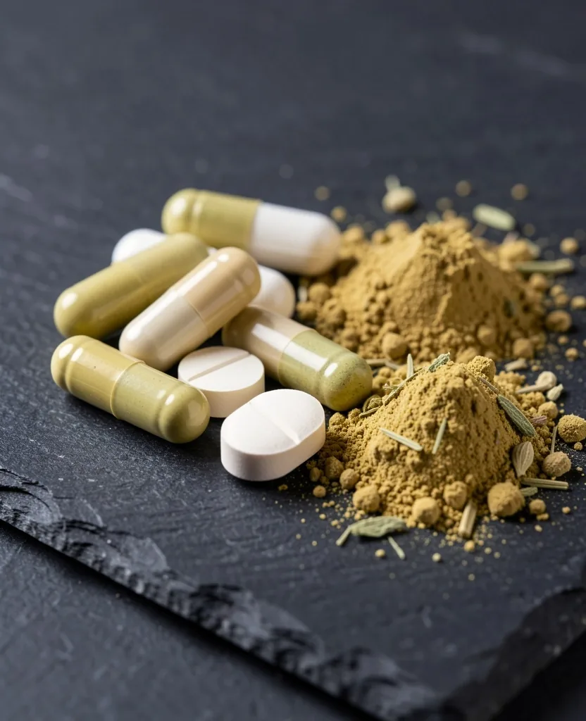 Natural supplement capsules arranged on a stone surface