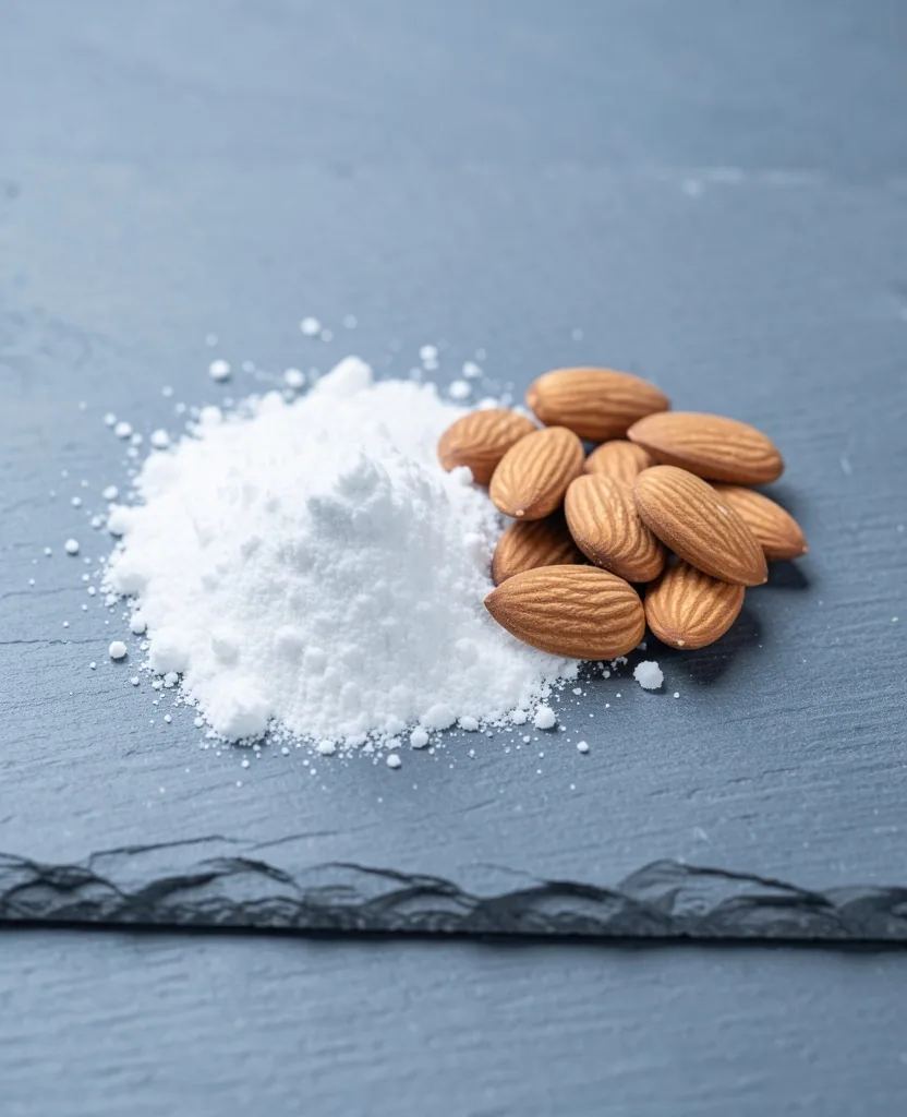 Calcium citrate powder and almonds on a stone surface