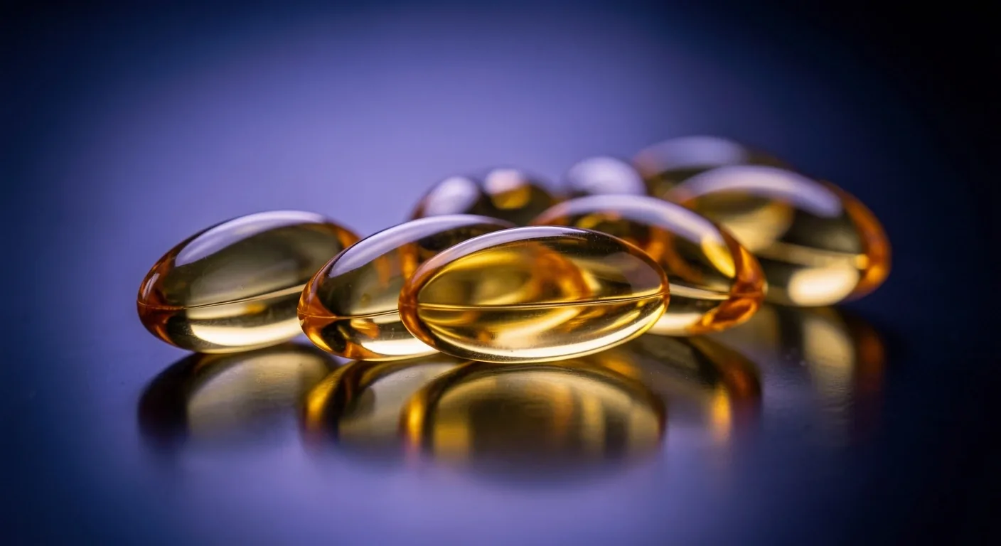 Omega-3 fish oil capsules on a dark surface