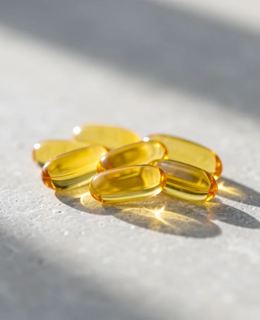 Vitamin D3 capsules on a stone surface