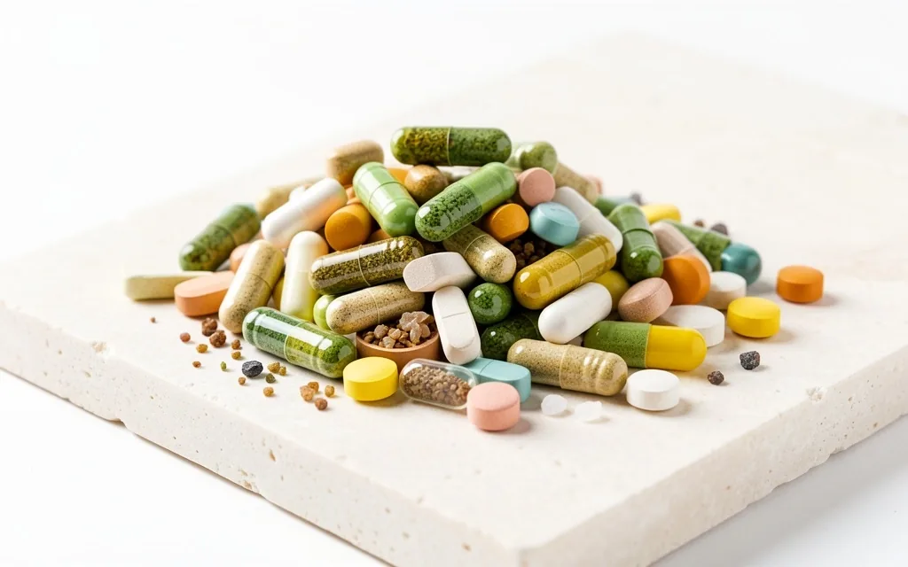 Natural supplement capsules arranged on a pale surface