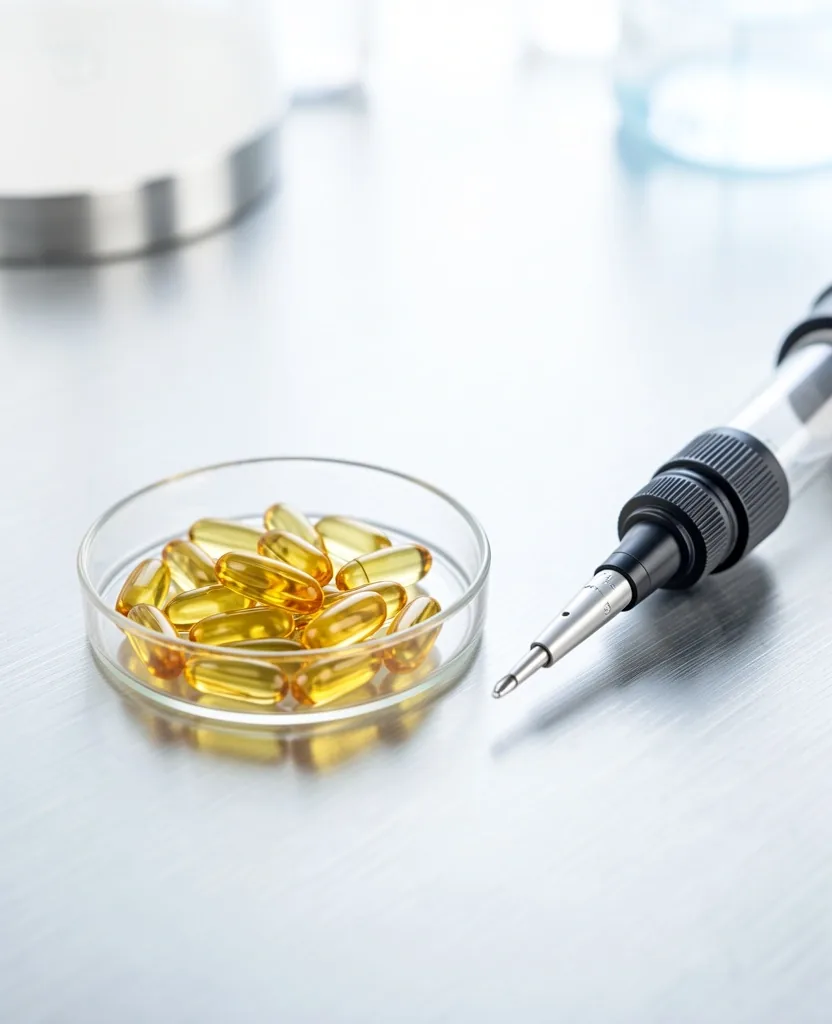Amber glass supplement bottles on a laboratory surface