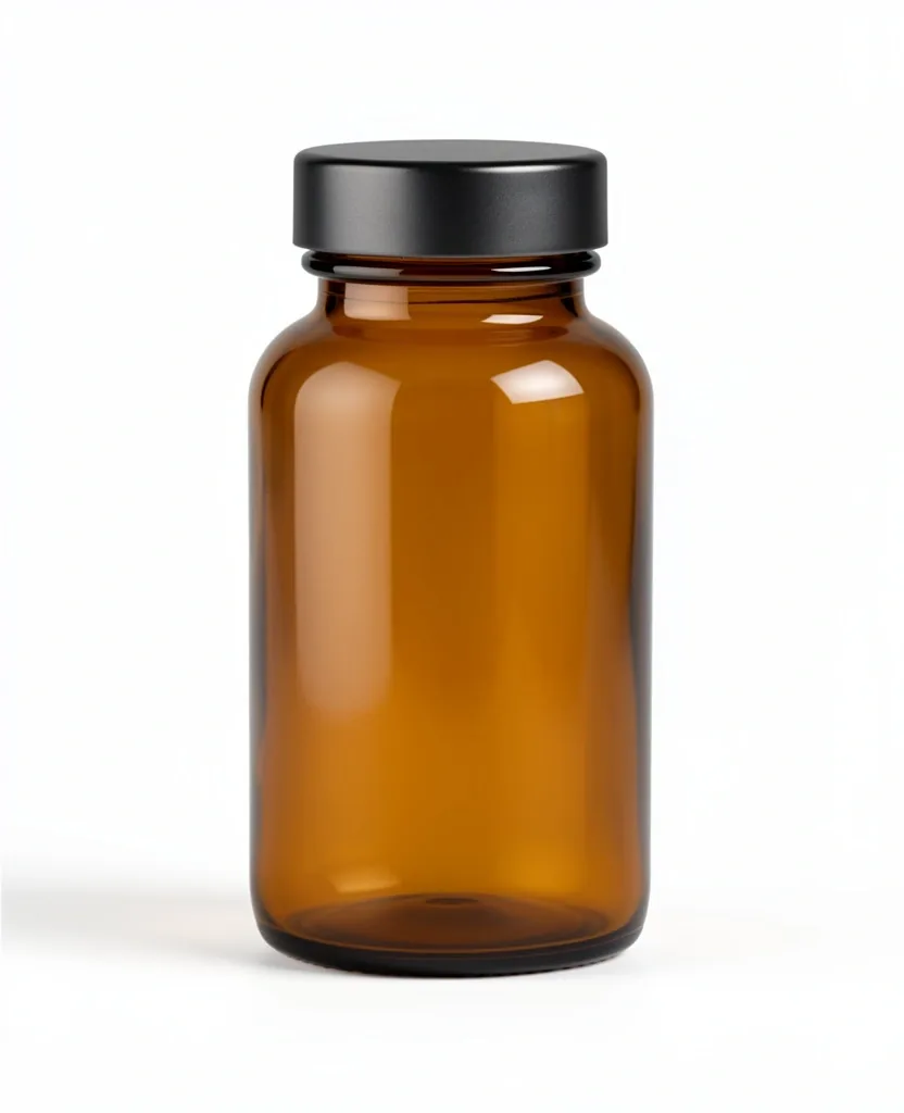 Amber glass supplement bottle on a white studio background