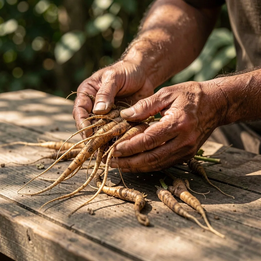 Hands holding harvested botanical roots over wood