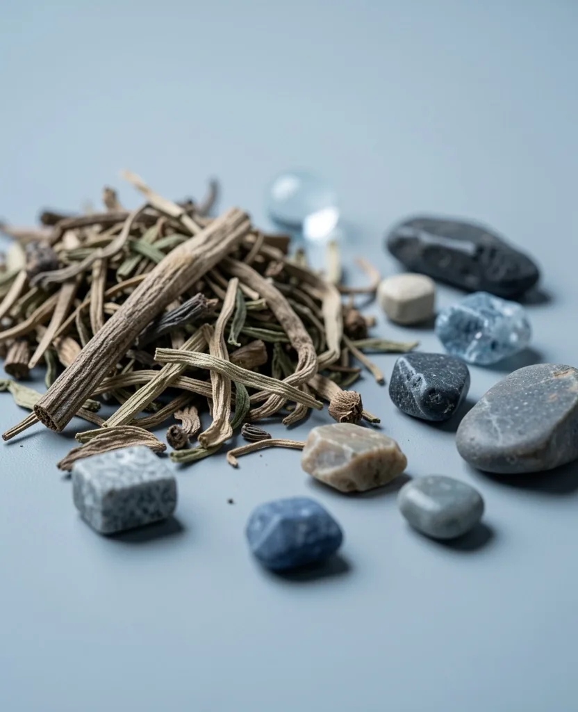Raw botanical and mineral supplement ingredients on a studio surface